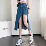 New Korean Fashion Sexy Splicing Asymmetry Split Woman Skirts Womens Medium-long Jean Skirt Casual Female Girls Denim Skirt LANFUBEISI