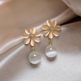 Korean Fashion Elegant Pearl Pendant Earrings Crystal Zircon Opal Flowers Drop Earring for Women Wedding Party Jewelry Gifts LANFUBEISI
