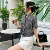 Korean Tassel Weave Short Coat Women Fashion Street Single-Breasted Tweed Outerwear Woman Summer Thin V-Neck Short Sleeve Jacket LANFUBEISI