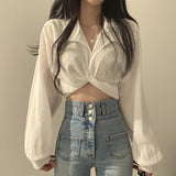 Vintage Streetwear Harajuku Sexy Women Blouse Crop Top Korean Style Trends Black White Long Sleeve Shirt Female Tunic Chic