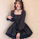 White Lolita Dress Kawaii Vinatge Long Sleeve Mini Dresses Black Gothic Bandage Lace Patchwork Streetwear Square Collar LANFUBEISI