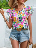 Fashion Flower Print Flying Sleeve Shirt Blouse Woman Spring Summer Casual O-neck Short Sleeve Blouses For Women 2023 Loose Tops LANFUBEISI