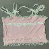 Pink Japanese Kawaii Lolita Crop Top Women White Korean College Style Sweet Tank Top Bow Lace France Princess Vset Female 2022 LANFUBEISI