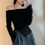 Pure Slash Neck Sexy Sweater Pullovers Women Autumn Irregular Casual Popular Temper Slim Cropped Comfort Knitwear Ulzzang Chic LANFUBEISI