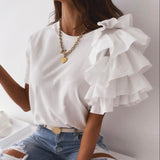 Fashion blouse women elegant white Solid Color Layered Ruffle Short Sleeve Asymmetric Loose T-shirt Top for Summer Women Blouses LANFUBEISI