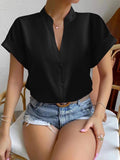 Casual V Neck Solid Shirt Blouse Office Lady Spring Summer Fashion Elegant Short Sleeve Slim Shirts For Women 2023 White Tops LANFUBEISI