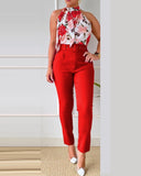 Sexy Off Shoulder Sleeveless Shirt Pants Set Office Lady Casual Floral Print Tops Solid Trousers Two Piece Set Women Outfit 2023 LANFUBEISI