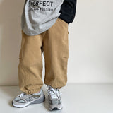 Autumn boys solid color cargo pants handsome pockets wide leg pants baby children cotton loose trousers LANFUBEISI