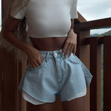 Summer Blue Demin Shorts Women Fashion High Waist Button Pocket Jeans Shorts Casual Female Loose Fit A-line Short Pant 2023 New LANFUBEISI