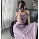 LANFUBEISI Elegant Sling Satin Dresses For Women Summer Sleeveless Folds Purple Long Dress Vestidos