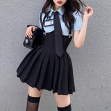 Preppy Style Womens Two Piece Sets Shirt Sexy Outfit High Waist Corset Strap Pleated Skirt Vintage School Uniform Suit LANFUBEISI
