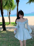 LANFUBEISI Long Sleeve Dress Female Blue Sweet A-Line Summer High Waist Vintage Slim Fairy Dress Princess Dress Sundress Beachwear Holiday Fairy Dress LANFUBEISI