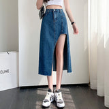 New Korean Fashion Sexy Splicing Asymmetry Split Woman Skirts Womens Medium-long Jean Skirt Casual Female Girls Denim Skirt LANFUBEISI