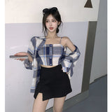 Spring Simplicity Plaid Turn-down Collar Long Sleeve Blouse Women Clothes Casual Buttons Slim Sling T-Shirt Two-piece Dress Tops LANFUBEISI