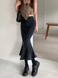 Black Denim Long Skirt Women Vintage High Waist Split Bodycon Ruffles Pencil Mermaid Midi Skirt Summer Japanese Fashion LANFUBEISI