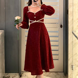 Vintage Button Dresses for Women Fairy Midi Party Dress Evening Office Lady Design One Piece Dress Elegant Korean Spring LANFUBEISI