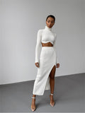 Autumn Sexy Solid Ribbed 2 Two Piece Sets Club Outfit For Women 2022 Long Sleeve O Neck Crop Top And Skirt Sets Female LANFUBEISI