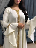 LANFUBEISI  Jalabiya Kaftan Dress For Women Dubai Turkey Golden Ribbon Embroidery Loose Muslim Arabic Islamic Clothing White 2020 LANFUBEISI