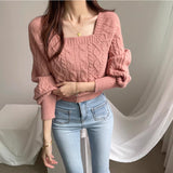 Autumn Raglan Long Sleeve Solid Color Tops Fashion Square Collar Knitted Pullover Casual Chic Slim Sweater Sueter Mujer LANFUBEISI