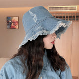 LANFUBEISI Vintage Denim Bucket Hat Women Washed Cotton Fisherman Hat Tassel Big Brim Fashion Leisure Basin Hat