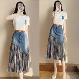 LANFUBEISI Summer Irregular Jeans Skirts Women Korean Fashion High Waist Patchwork Tulle Skirt Woman Y2K Pockets Long Denim Skirts