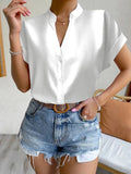 Casual V Neck Solid Shirt Blouse Office Lady Spring Summer Fashion Elegant Short Sleeve Slim Shirts For Women 2023 White Tops LANFUBEISI