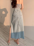 Long Denim Skirt Vintage Women Solid High Waist  A-LINE Slim Korean Style Jean Slit Midi Skirt Summer Fashion Girl LANFUBEISI