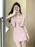 Pink Two Piece Dress Set Women Blazer Coat+Strap Dress Set Female Casual Korean Fashion Slim Elegant Dress Suit New LANFUBEISI