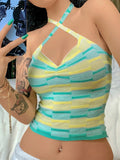 LANFUBEISI  Summer Women Crop Top Halter Neck Bandage Backless Off Shoulder Sleeveless Patchwork Beach Knit Sexy Tank Top
