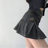 Denim Pleated Mini Skirt Gyaru Vintage High Waist A-line Slim Belt Women Jean Short Skirt Summer Japanese Y2k Fashion LANFUBEISI