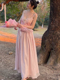 Floral Vintage Elegant Strap Dress Women Lace France Sexy Evening Party Long Dresses Pink Sweet Princess Fairy Dress Summer LANFUBEISI