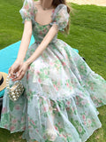 Vintage Floral Evening Midi Maxi Dresses for Women Elegant Casual Party Prom Green Holiday Princess Fairy Long Dress Summer LANFUBEISI