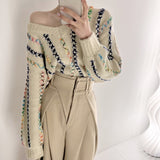 LANFUBEISI Autumn/Winter Long Sleeve Off-shoulder Pullover Vintage Colorful Rope Knitted Sweater Women Clothes Korean Chic Tops