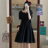 LANFUBEISI Preppy Style Dresses Women Black Elastic Waist A-line Puff Sleeve Kawaii Cute Dress Summer School Girl Casual Fashion