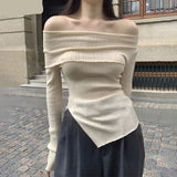 Pure Slash Neck Sexy Sweater Pullovers Women Autumn Irregular Casual Popular Temper Slim Cropped Comfort Knitwear Ulzzang Chic LANFUBEISI