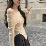 Pure Slash Neck Sexy Sweater Pullovers Women Autumn Irregular Casual Popular Temper Slim Cropped Comfort Knitwear Ulzzang Chic LANFUBEISI