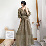 Lucyever Korean V-neck Maxi Dresses for Women Elegant Chic High Waist Party Midi Dress Woman Summer Solid A-line Dress LANFUBEISI