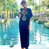 LANFUBEISI White Maxi Dress Swimsuit Cover Up 2022 V Neck Gold Embroidery Long Dress Robe Plage Kaftan Sarong Beachwear Pareo Cover-up LANFUBEISI