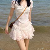 Kawaii Cute Ruffle Skirt Women Pink Sweet High Waist Lace Patchwork Fairycore Mesh A-line Mini Skirt Summer Mori Girl LANFUBEISI