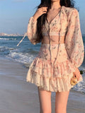 LANFUBEISI Spring Summer Sweet Two Piece Set Sexy Backless Shirt Crop Top + Cake Skirt Suits Floral Chiffon Boho Beach Outfits  Fairy Dress  For Women LANFUBEISI