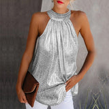 Sequined Elegant Halter Party Blouses for Women Summer Sleeveless Loose Shirts Tops Office Ladies Plus Size 5XL Y2K Clothing LANFUBEISI