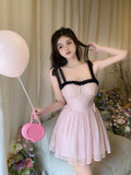 New Summer Dress French Style Princess Straps Dress High Waist Thin Pink Sweet Short Fairy Dress Female Sundress Bestidos LANFUBEISI