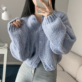 Korean Chic Long Sleeve Knitted Sweater Cardigan Autumn/Winter Single Breasted Tops Retro Solid O-neck Loose Sweater Coat LANFUBEISI