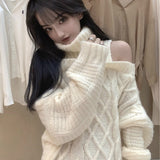 Autumn Winter Korean Style Women Turtleneck Knitted Sweaters Fashion Wild Knitwear Outwear Female Sexy Off Shoulder Pullovers LANFUBEISI