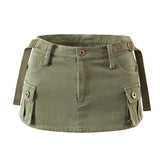 Denim Cargo Mini Skirt Women Korean Style Low Waist Slim Sexy Vintage Streetwear Green Jean Skirt Y2k Girl Summer LANFUBEISI