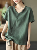 LANFUBEISI  Women Cotton Linen Casual T-shirts New 2022 Summer Vintage Style V-neck Solid Color Loose Female Short Sleeve Tops Tees D108 LANFUBEISI