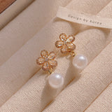 Korean Fashion Elegant Pearl Pendant Earrings Crystal Zircon Opal Flowers Drop Earring for Women Wedding Party Jewelry Gifts
