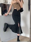 Black Denim Long Skirt Women Vintage High Waist Split Bodycon Ruffles Pencil Mermaid Midi Skirt Summer Japanese Fashion LANFUBEISI