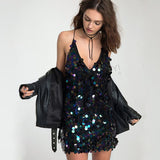 Summer Dresses Women Color Paillette Deep V Sexy Backless Women's Fashion Halter Dress Satin and Sequin Women's Dress LANFUBEISI