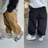 Autumn boys solid color cargo pants handsome pockets wide leg pants baby children cotton loose trousers LANFUBEISI